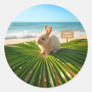 Sticker Rond Lapin de Pâques joyeux sur branche de palme sur la