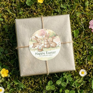 Sticker Rond Lapin de Pâques mignon chasse aux œufs et pique-ni