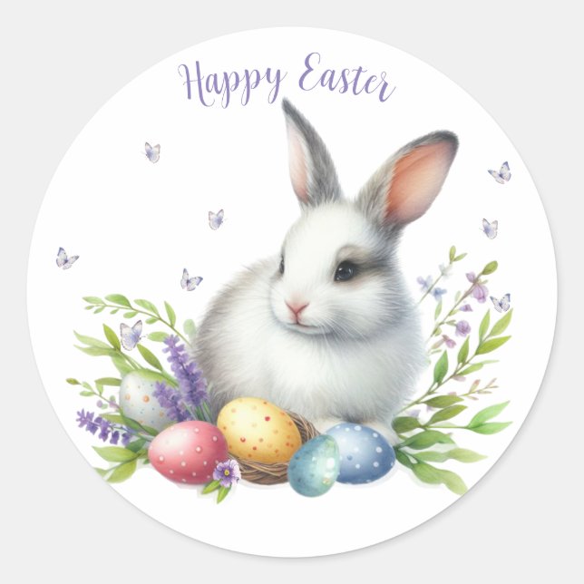 Sticker Rond Lapin de Pâques personnalisé à l'aquarelle (Devant)