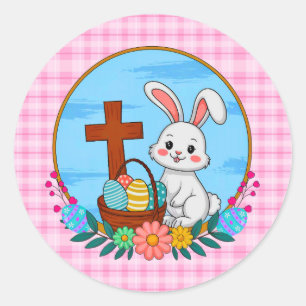 Sticker Rond Lapin de Pâques religieux avec croix et œuf floral