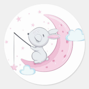 Sticker Rond Lapin de Pâques rose au-dessus de la lune