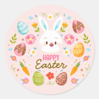 Sticker Rond Lapin de Pâques rose Joyeuses PâquesFloral  