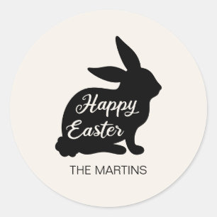 Sticker Rond Lapin de Pâques silhouette noir blanc nom joyeuses