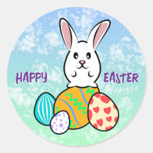 Sticker Rond Lapin de Pâques sur les oeufs de Pâques
