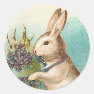 Sticker Rond Lapin De Pâques vintage Avec Oeuf Vert