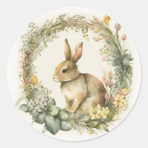 Sticker Rond Lapin De Printemps En Wreath Florale