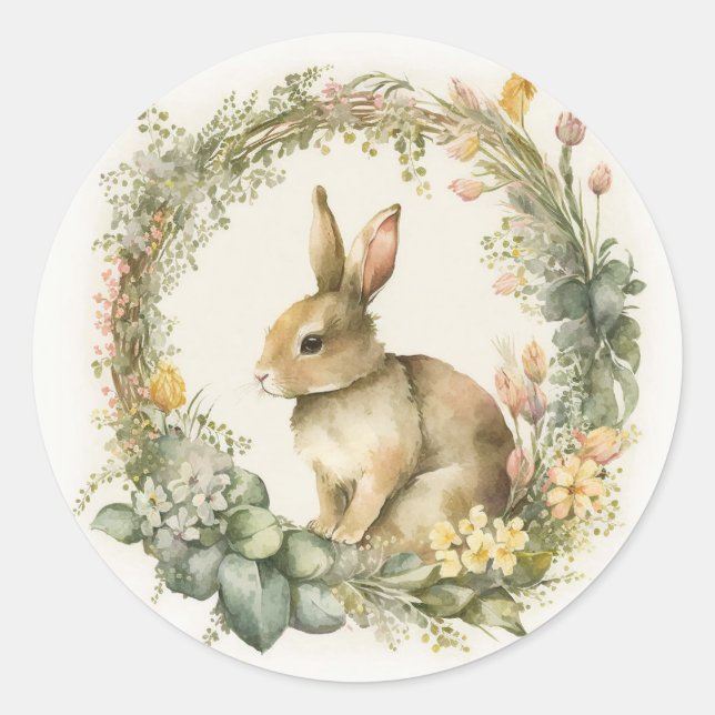 Sticker Rond Lapin De Printemps En Wreath Florale (Devant)