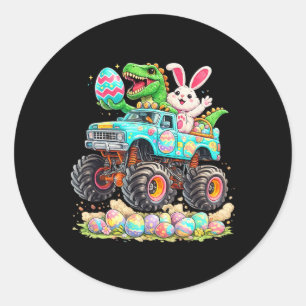 Sticker Rond Lapin dinosaure avec camion de Pâques chasse aux œ