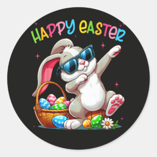 Sticker Rond Lapin drôle de dabbing de Pâques Joyeuses Pâques