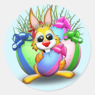 Sticker Rond Lapin drôle mordant un œuf de Pâques