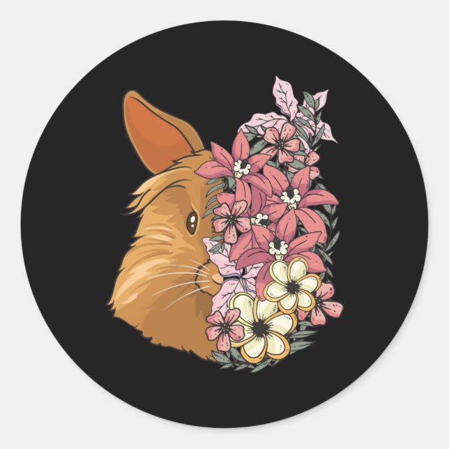 Sticker Rond Lapin En Tête De Lion Avec De Belles Fleurs (Devant)