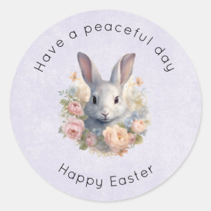 Sticker Rond Lapin Entouré de Fleurs Pastel Douce Pâques