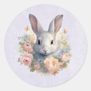 Sticker Rond Lapin entouré de fleurs pastel Mignon