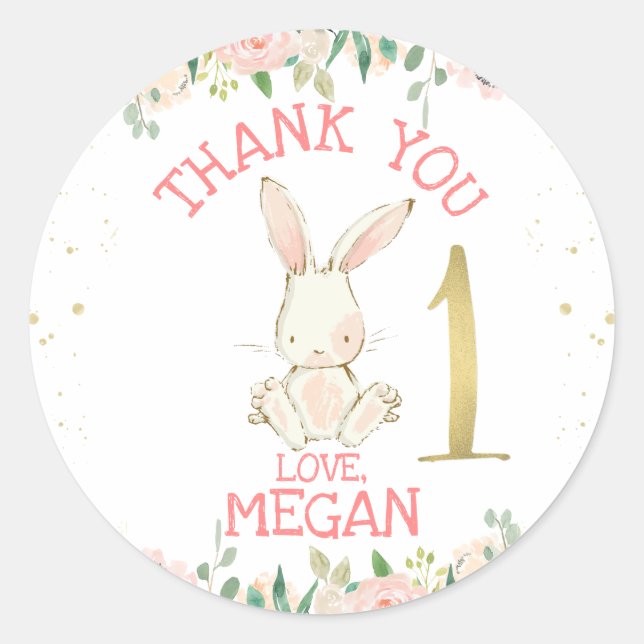 Sticker Rond Lapin Floral Rose 1er anniversaire (Devant)
