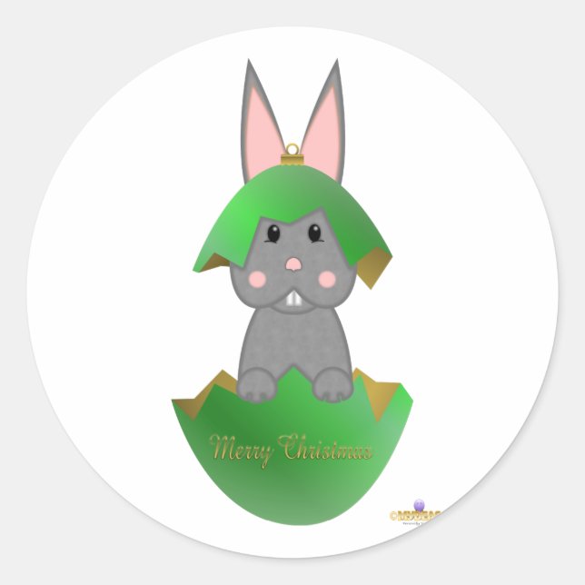 Sticker Rond Lapin gris vert ornement de Noël Joyeux Noël (Devant)