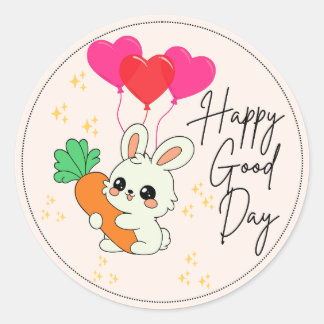 Sticker Rond Lapin heureux beige tenant une carotte