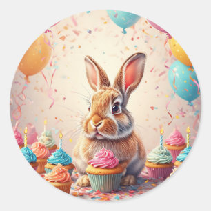 Sticker Rond Lapin joyeux célébrant avec des cupcakes