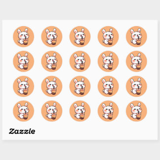 Sticker Rond Lapin Lapin Boire Bubble Thé Cute