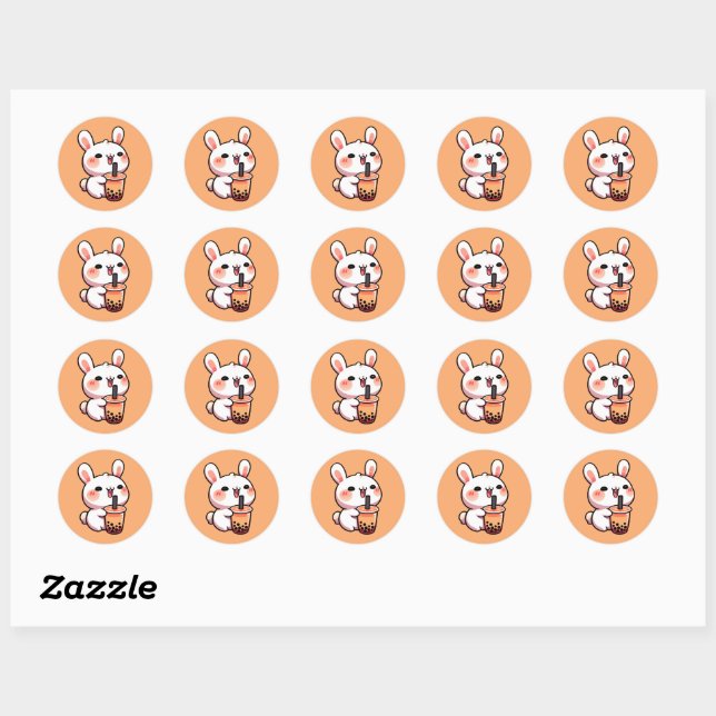 Sticker Rond Lapin Lapin Boire Bubble Thé Cute (Feuille)