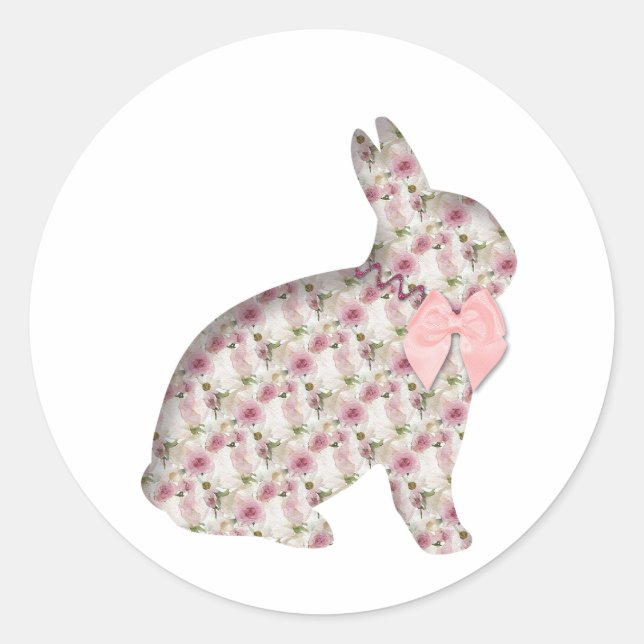 Sticker Rond Lapin Lapin Collage Découpage Fleurs roses Pâques (Devant)