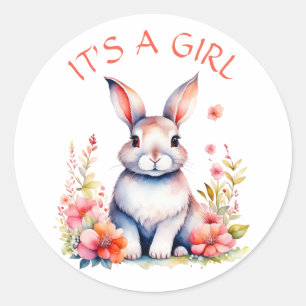 Sticker Rond Lapin lapin en fleurs C'est un Baby shower de fill
