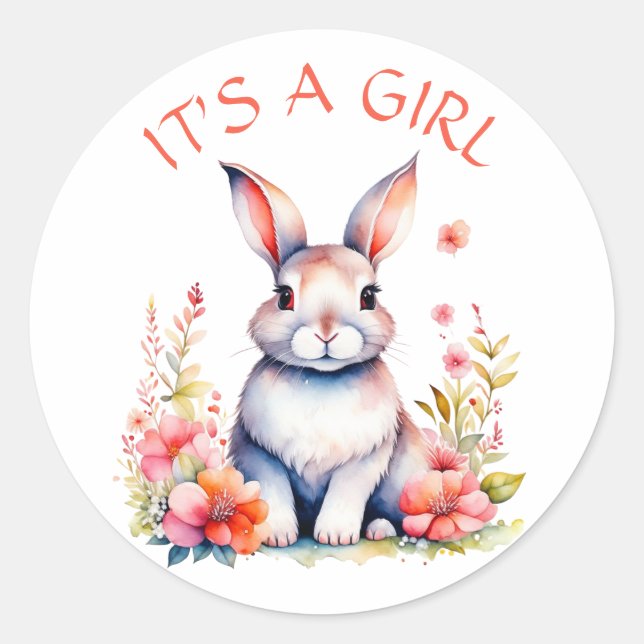 Sticker Rond Lapin lapin en fleurs C'est un Baby shower de fill (Devant)