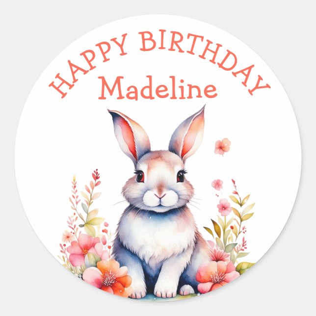 Sticker Rond Lapin lapin en fleurs Joyeux anniversaire Personna (Devant)