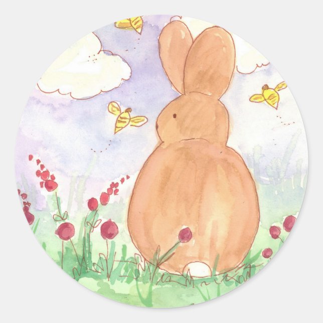Sticker Rond Lapin Lapin Printemps Jardin Animaux Aquarelle (Devant)