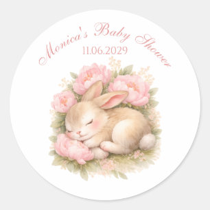 Sticker Rond Lapin Mignon aux Pivoines Rose Pâle Baby Shower
