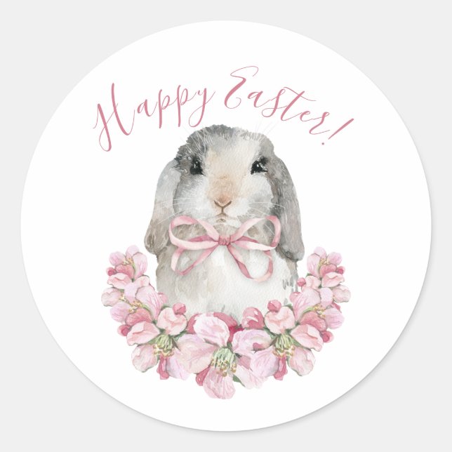 Sticker Rond Lapin mignon écriture florale rose Joyeuses Pâques (Devant)