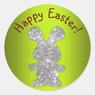 Sticker Rond Lapin Parties scintillant Argent Joyeux Pâques