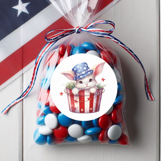 Sticker Rond Lapin Patriotique Lapin Rouge Blanc Bleu Étoiles G (Cute patriotic bunny sticker)