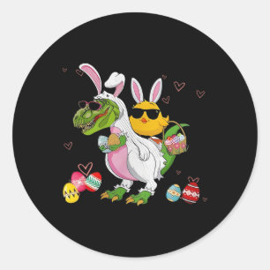 Sticker Rond Lapin Poule à Cheval sur un Dinosaure T Rex Chasse