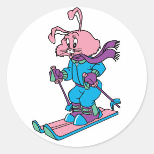 Sticker Rond Lapin rose de ski