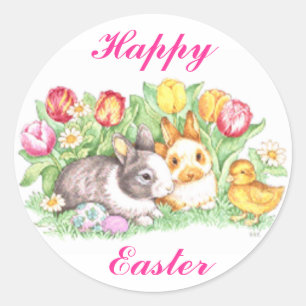 Sticker Rond Lapins de Pâques, canards et tulipes