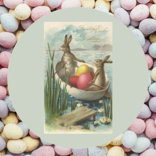 Sticker Rond Lapins de Pâques vintage dans un bateau avec des œ