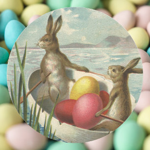 Sticker Rond Lapins de Pâques vintage dans un bateau avec des œ