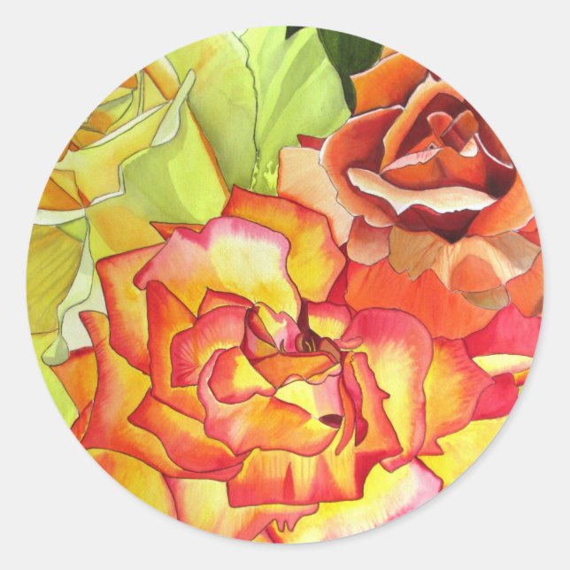 Sticker Rond L'art de l'aquarelle aux roses orange et jaune (Devant)