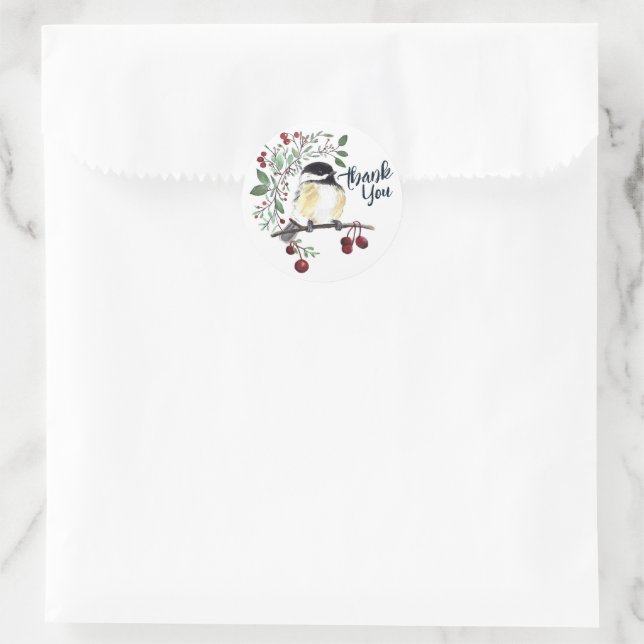 Sticker Rond L'art des oiseaux en chickadee d'hiver (Sac)