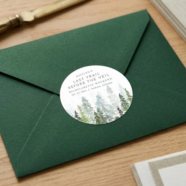 Sticker Rond Last Trail Pine Forest Camping Bachelorette Party (Créateur téléchargé)