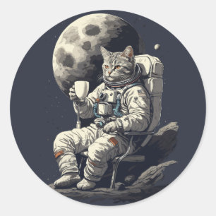 Sticker Rond L'astronaute Chat ayant une coupe de café