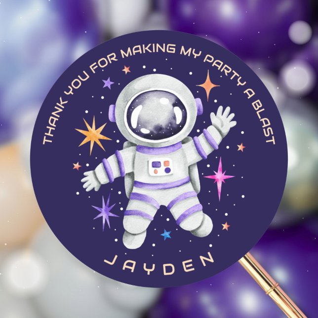 Sticker Rond L'astronaute et les étoiles Merci spatial (Astronaut and Stars Outer Space Thank You Classic Round Sticker)