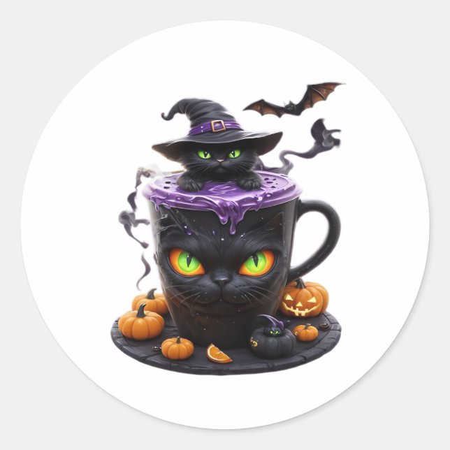 Sticker Rond Latte d'Halloween Chat Sorcière - Café Déplaisant  (Devant)