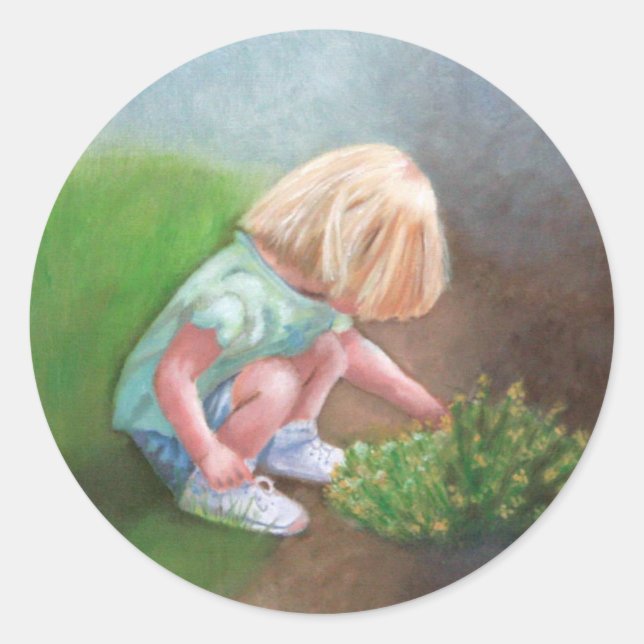 Sticker Rond "Laura" peinture à l'huile petite fille cueillir d (Devant)