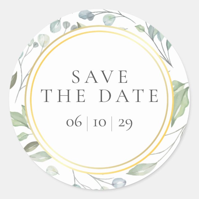 Sticker Rond Laurel Garland Faux Gold Foil Enregistrer la date  (Devant)