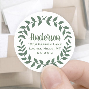Sticker Rond Laurel Wreath Green & White Adresse de retour Étiq