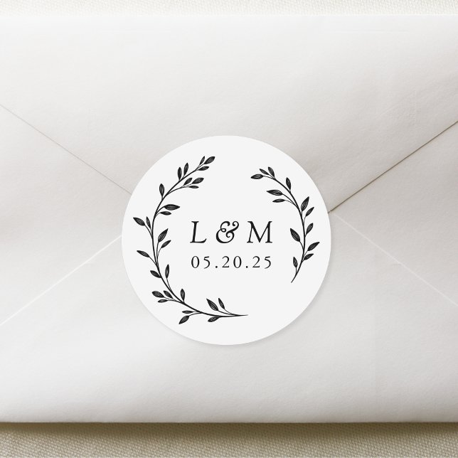 Sticker Rond Laurel Wreath Mariage Monogramme (Créateur téléchargé)