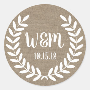 Sticker Rond Laurels de ferme blanc rustique Burlap