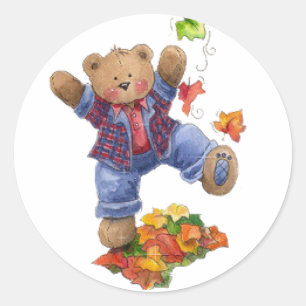 Sticker Rond L'automne est amusant ours