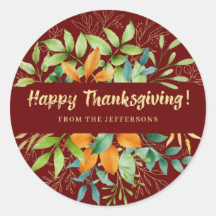 Sticker Rond L'automne Thanksgiving Feuilles Aquarelle Verdure